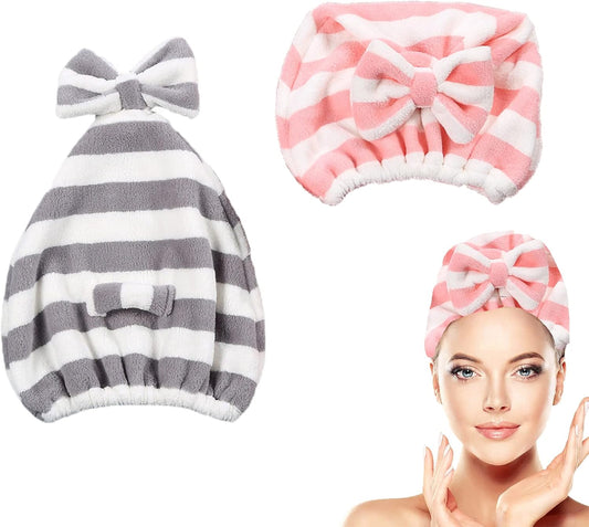 Large Microfiber Hair Towel Cap,Rapid Drying Towel For Hair,Ultra Soft Super Absorbent Hair Drying Towel Turban,Cute Gray&Pink Bow Hair Towel Wrap,Hair Drying Towels For Women Fast Dry(2pack)