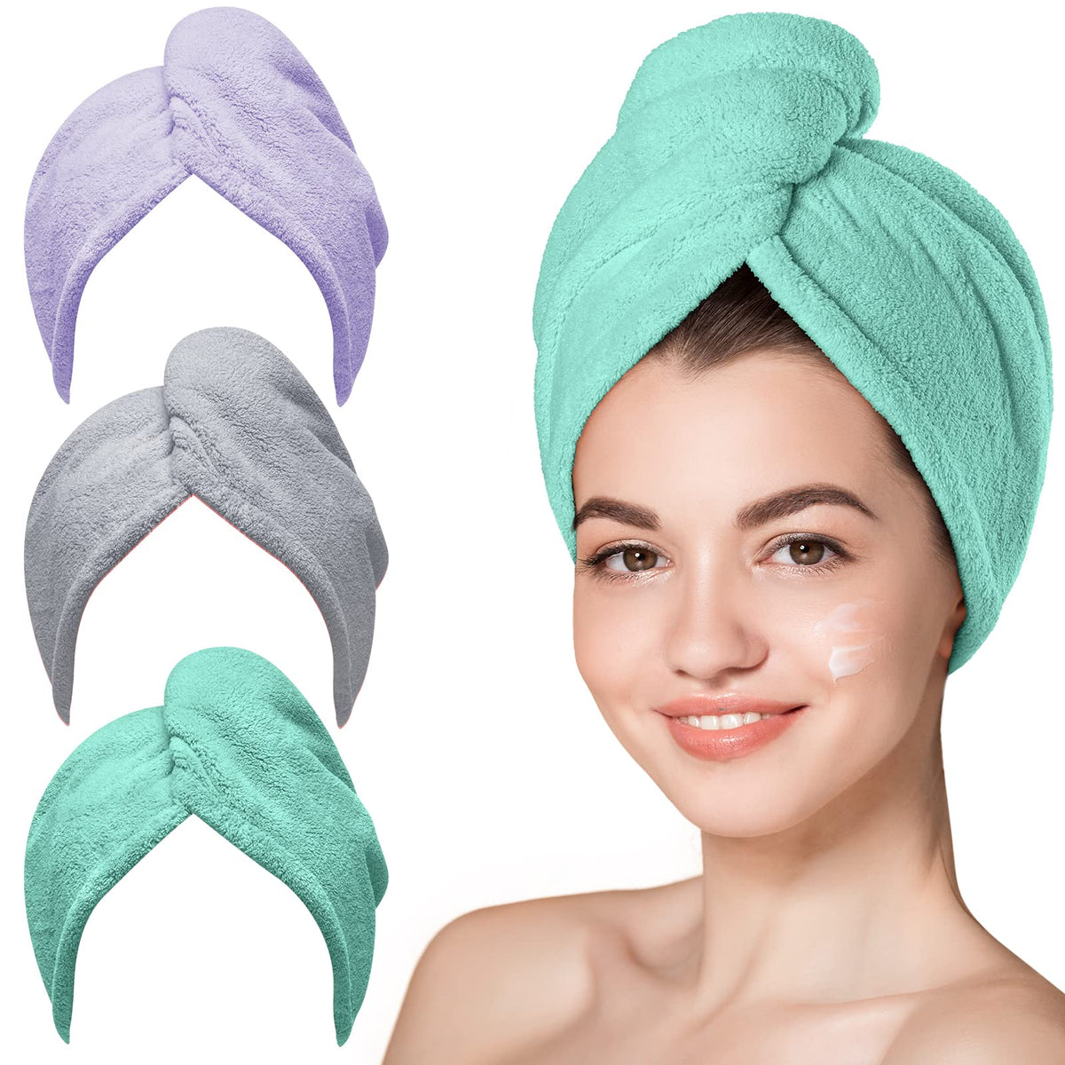 Hicober Microfiber Hair Towel Wrap for Women, Blue Grey Pink, 3-Pack