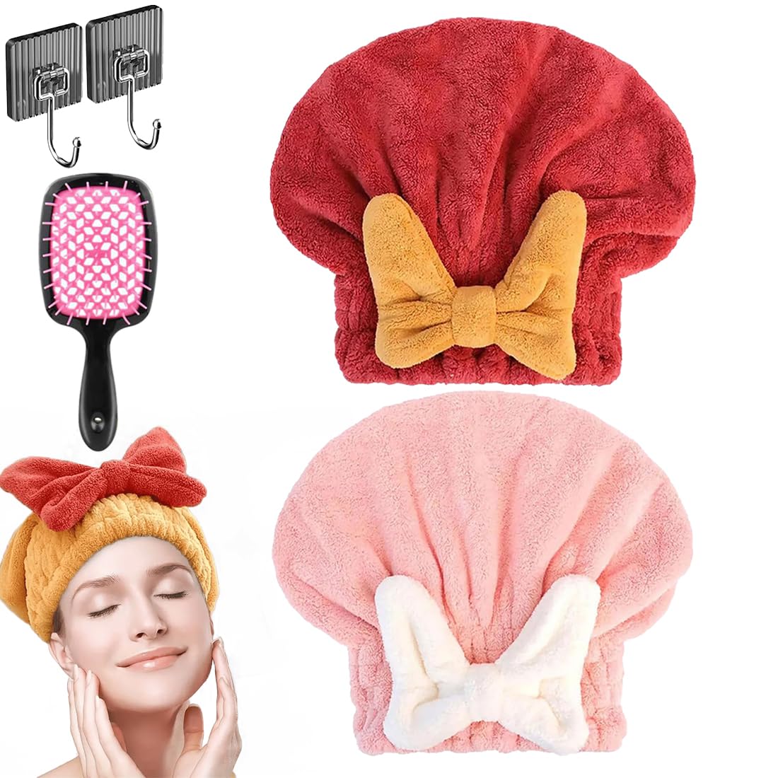 New Super Absorbent Hair Towel Wrap for Wet Hair, Microfiber Super Absorbent Hair Towel Wrap, Soft Absorbent Quick Drying Cap with Bow-Knot, Make Your Hair Smoother and shinier (2Pcs-A)