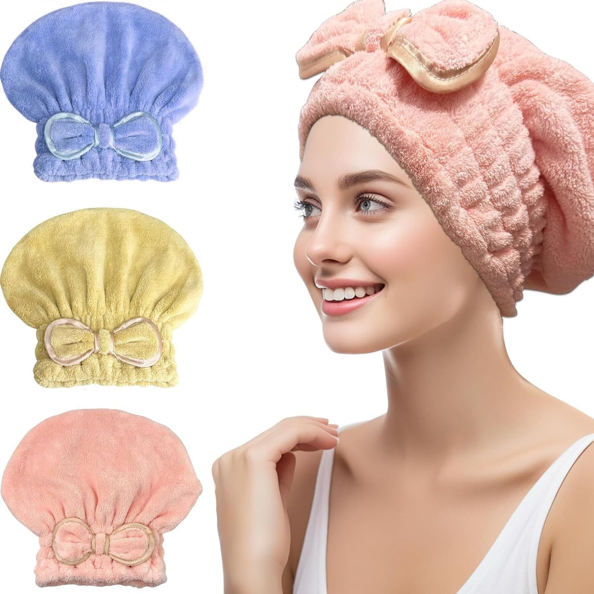 Jseng Microfiber Hair Towel Caps for Women with Cute Bowtie, 2Packs Fast Drying Hair Towel Caps for Curly Long Wet Hair Anti Frizz