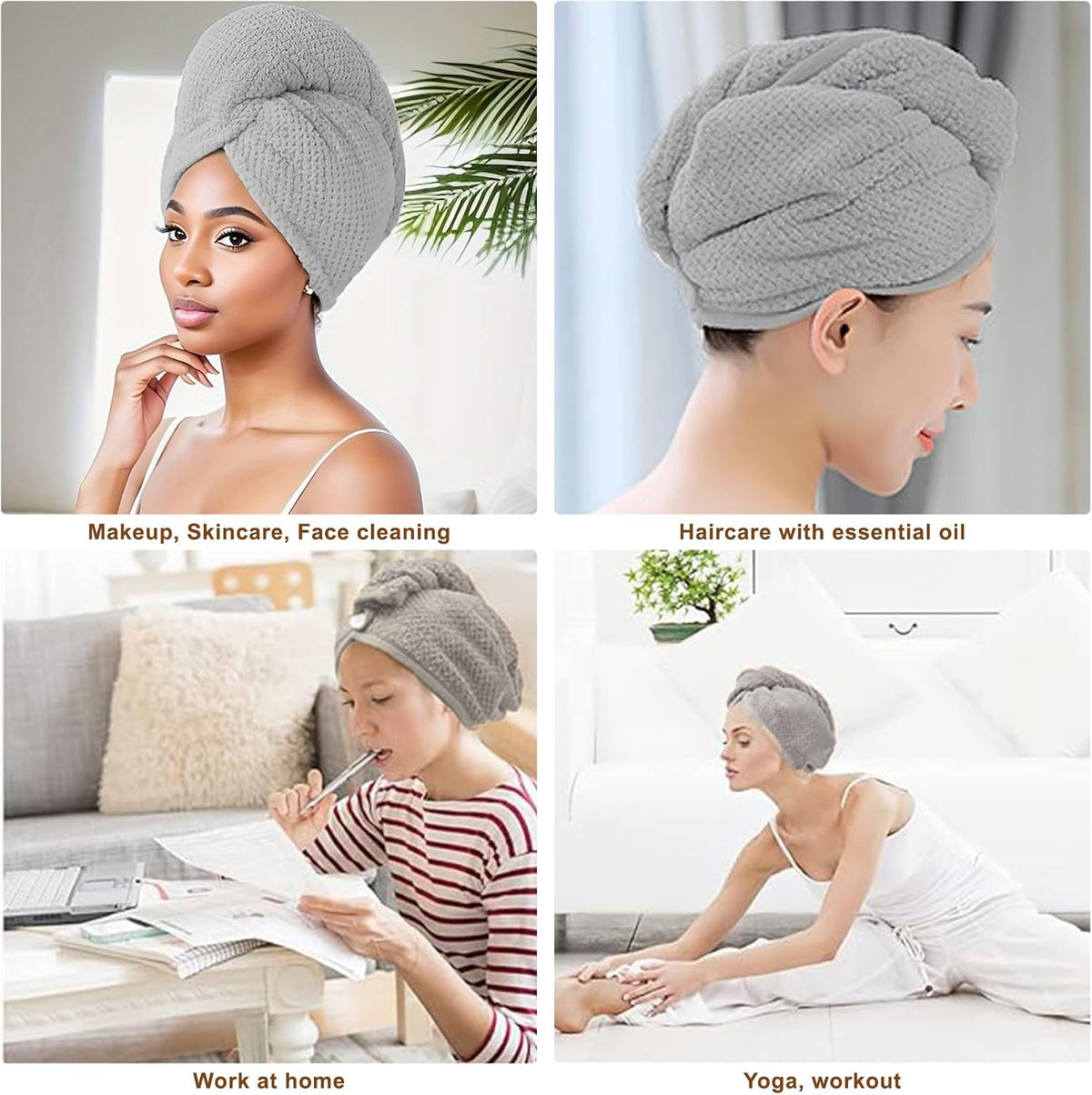 Microfiber Hair Towel Wrap, 3 Pack (Gray) Soft Hair Drying Towel