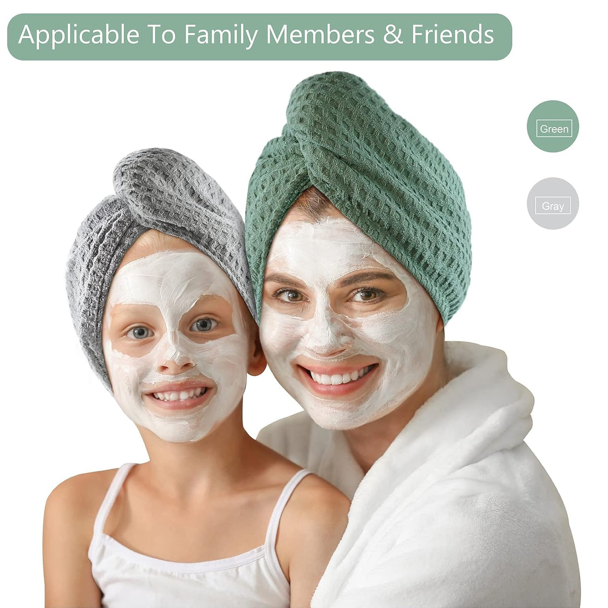 Microfiber Hair Drying Towel: 2 Pcs Waffle Long Hair Turban Wraps (Green)