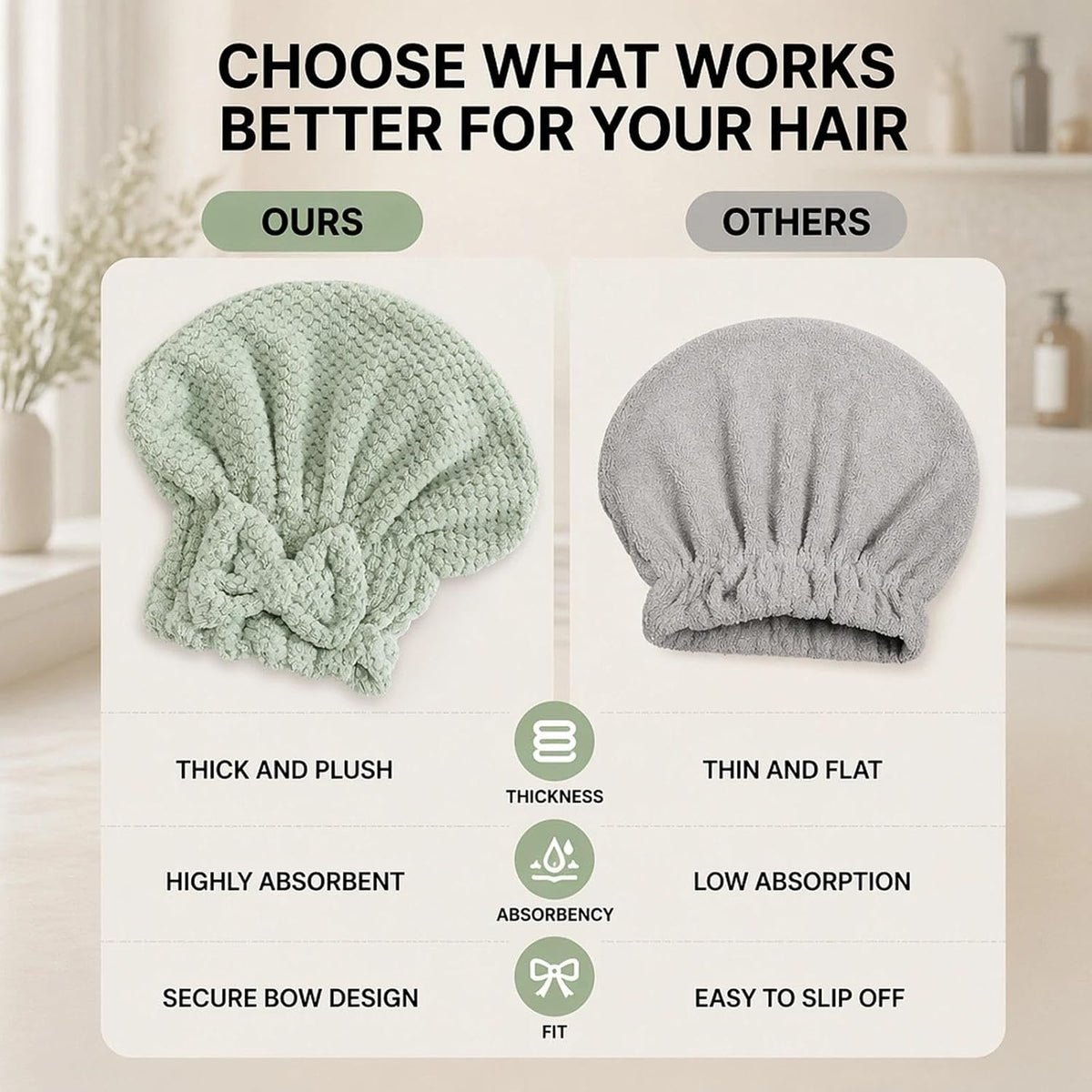 Hair Towel Set - Hair Drying Cap - Bamboo Towel - Headband