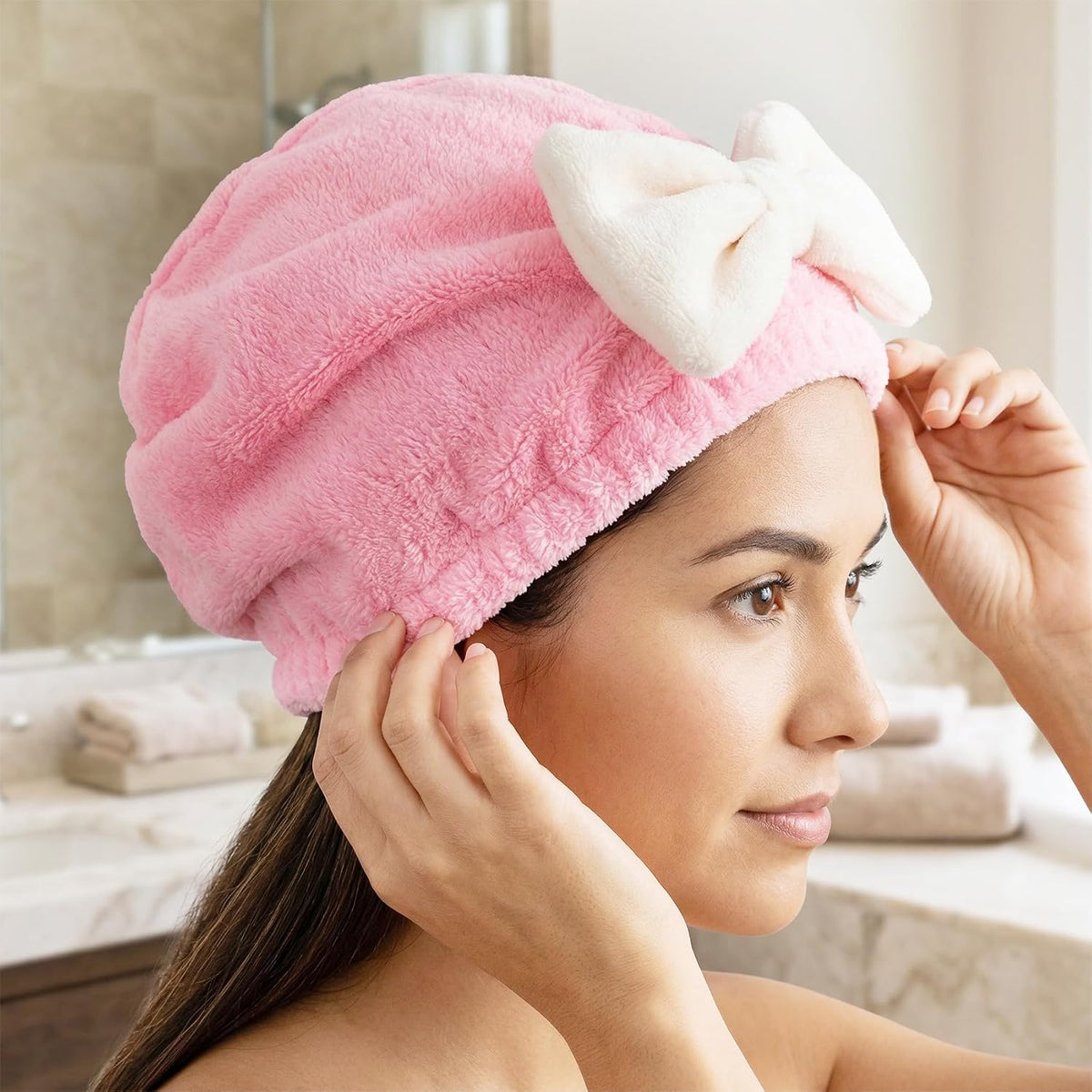 2PCS Hair Towel Wrap for Women, Soft Microfiber Hair Drying Caps with Bow, Super Absorbent Fast Drying Towel Wrap for Shower Bathroom Daily - Pink, Blue
