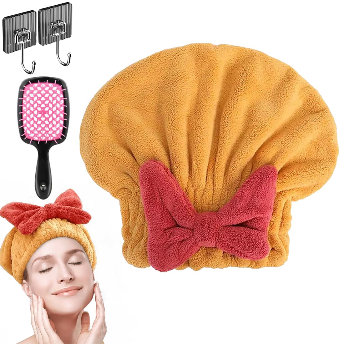 New Super Absorbent Hair Towel Wrap for Wet Hair, Microfiber Super Absorbent Hair Towel Wrap, Soft Absorbent Quick Drying Cap with Bow-Knot, Make Your Hair Smoother and shinier (2Pcs-A)