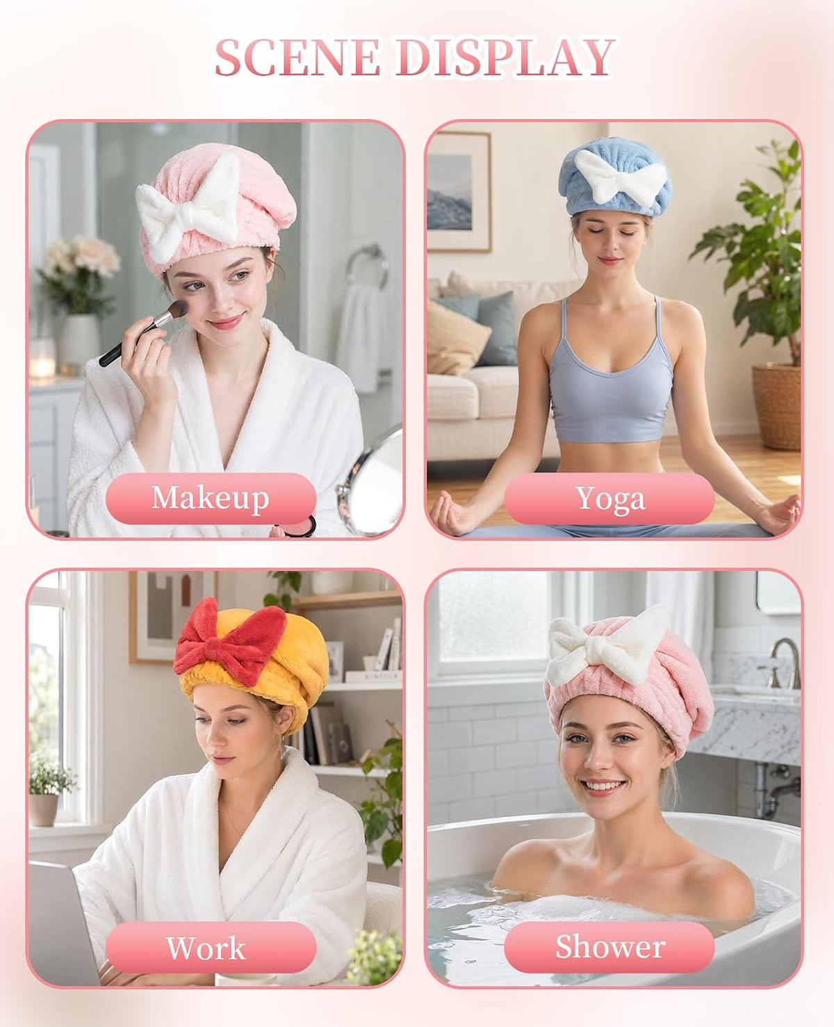 3 Pack Microfiber Hair Towel Drying Cap, Super Absorbent Fast Drying Hair Turban with Bow for Women