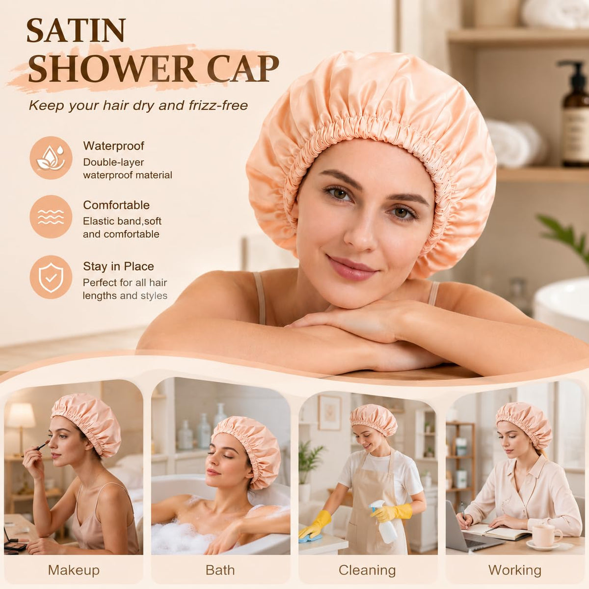 Satin Lined Shower Cap,Shower Caps for Women Reusable Waterproof