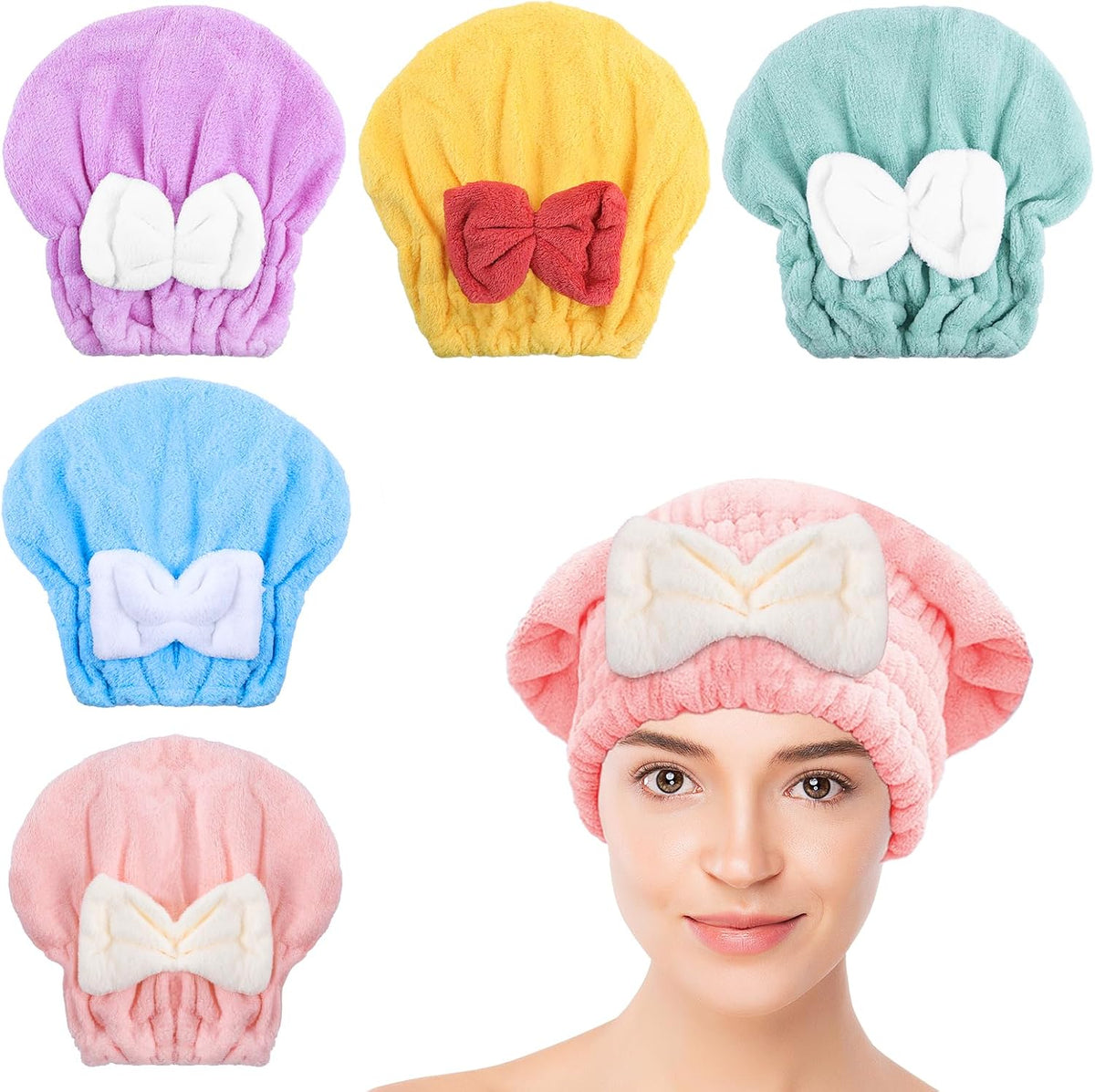 Microfiber Hair Drying Caps, 5-Pack Extra Soft and Ultra Absorbent