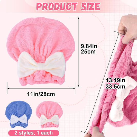 2PCS Hair Towel Wrap for Women, Soft Microfiber Hair Drying Caps with Bow, Super Absorbent Fast Drying Towel Wrap for Shower Bathroom Daily - Pink, Blue