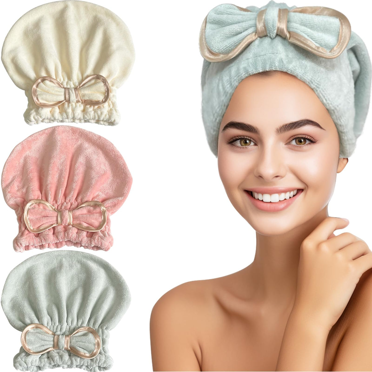 Jseng Microfiber Hair Towel Caps for Women with Cute Bowtie, 2Packs Fast Drying Hair Towel Caps for Curly Long Wet Hair Anti Frizz