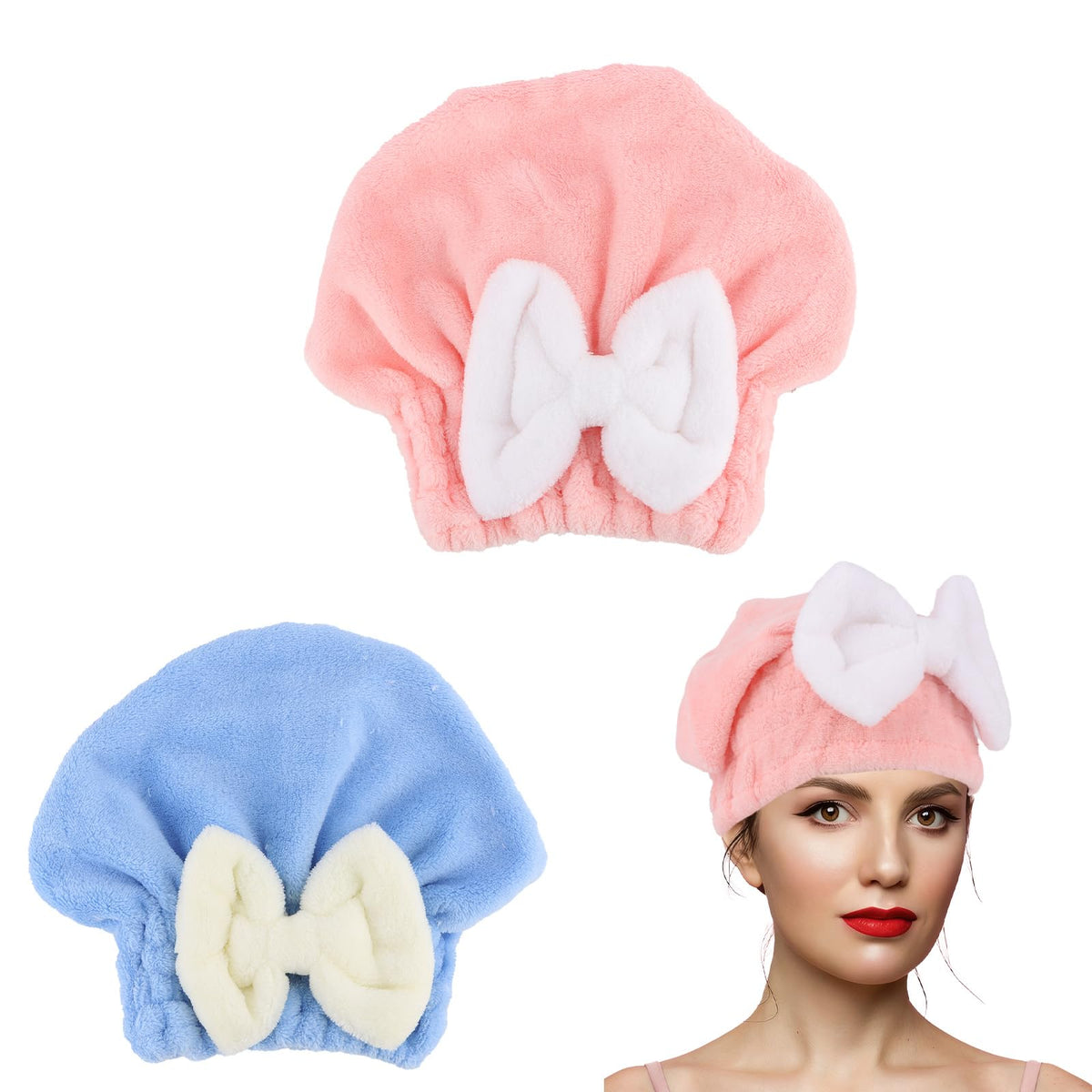 2Pcs Shower Cap Hair Towel Wrap for Women Ultra Absorbent Microfiber Hair Drying Caps with Cute Bow, Soft Plush Hair Towel Wraps for Women Girls (White&Gray)