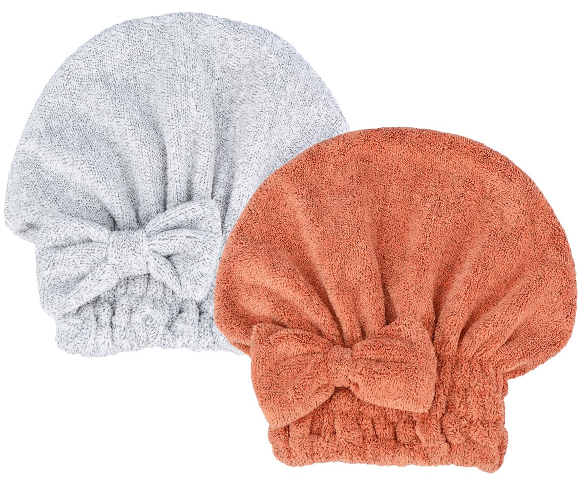 Microfiber Hair Drying Towels Head wrap 2-Pack with Bow-Knot Shower Cap Hair Turban hairWrap Bath Cap for Short or Curly Long & Wet Hair Gift for Women