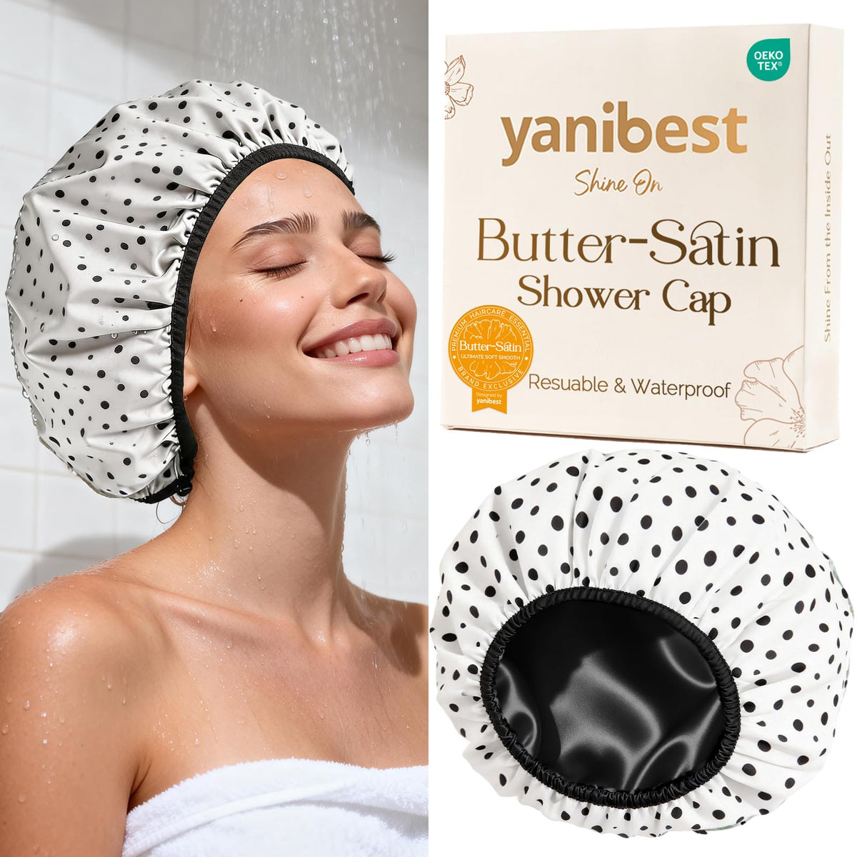 Yanibest Frizz Free Satin Lined Shower Cap with Soft Elastic Band