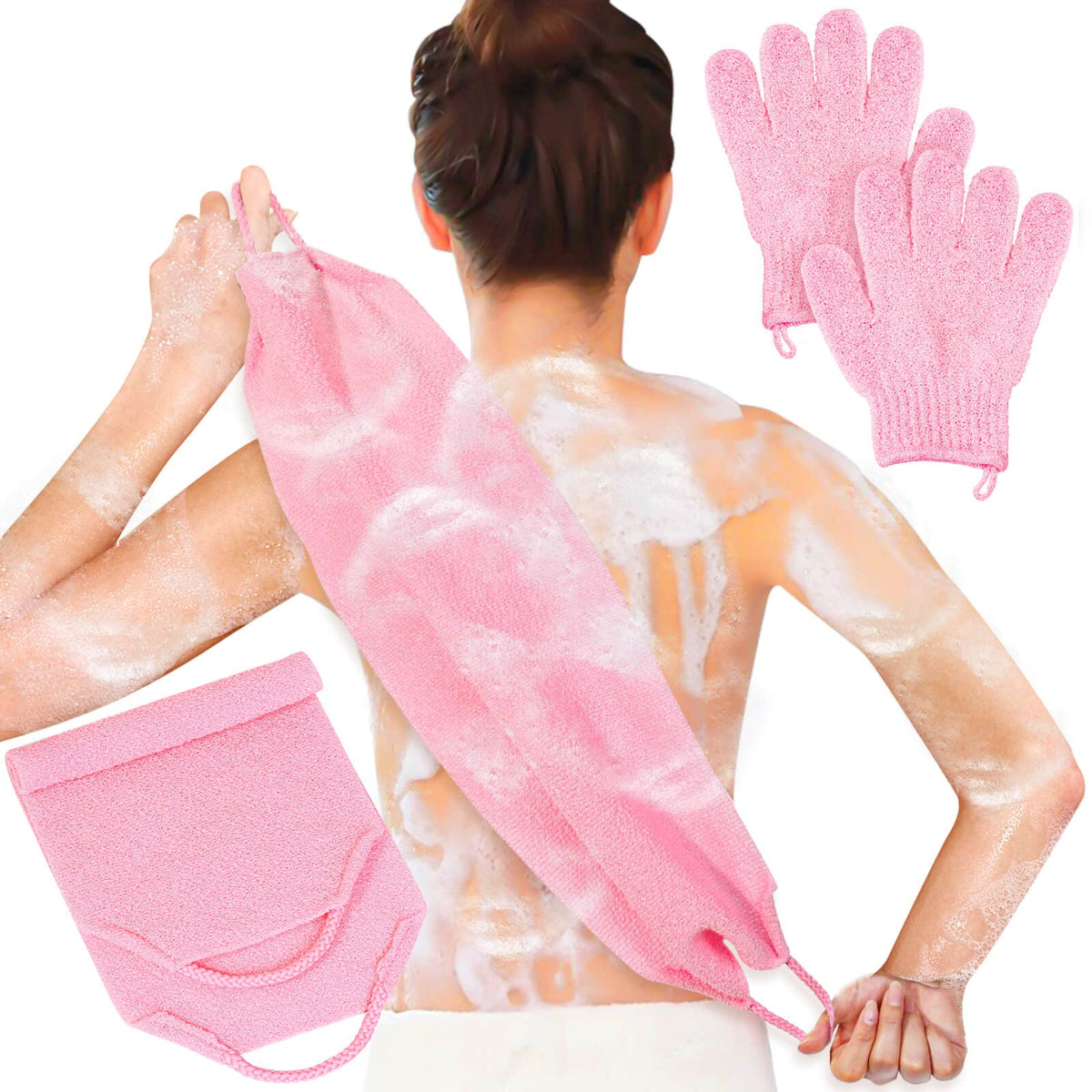 Anezus Exfoliating Back Scrubber Bath Gloves Set, Exfoliating Shower Towel with Shower Gloves for Body Scrub, Back Cleaner Wash Gloves to Remove Dead Skin (Black)