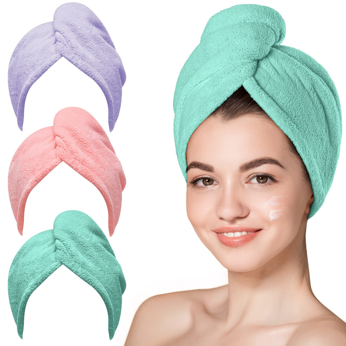 Hicober Microfiber Hair Towel Wrap for Women, Blue Grey Pink, 3-Pack