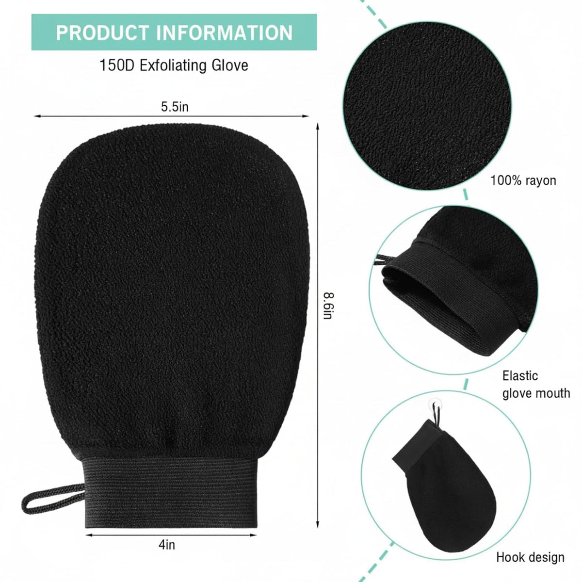 FoldTier 20 Pcs Exfoliating Glove Bulk Summer Exfoliator Mitt Body Scrubber 150d Viscose Fiber Skin Korean Scrub Mitt for Spa Massage Dead Skin Remover for Men and Women(20 Pcs,Black)