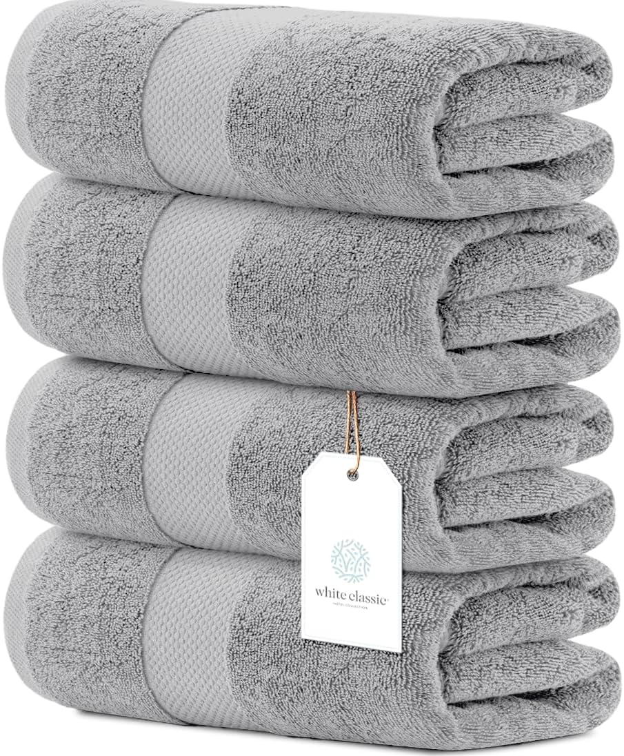 White Classic Luxury White Bath Towels - 4 Pack, 100% Turkish Cotton, 27x54