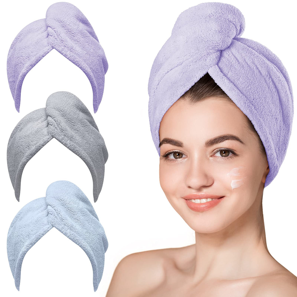 Hicober Microfiber Hair Towel Wrap for Women, Blue Grey Pink, 3-Pack