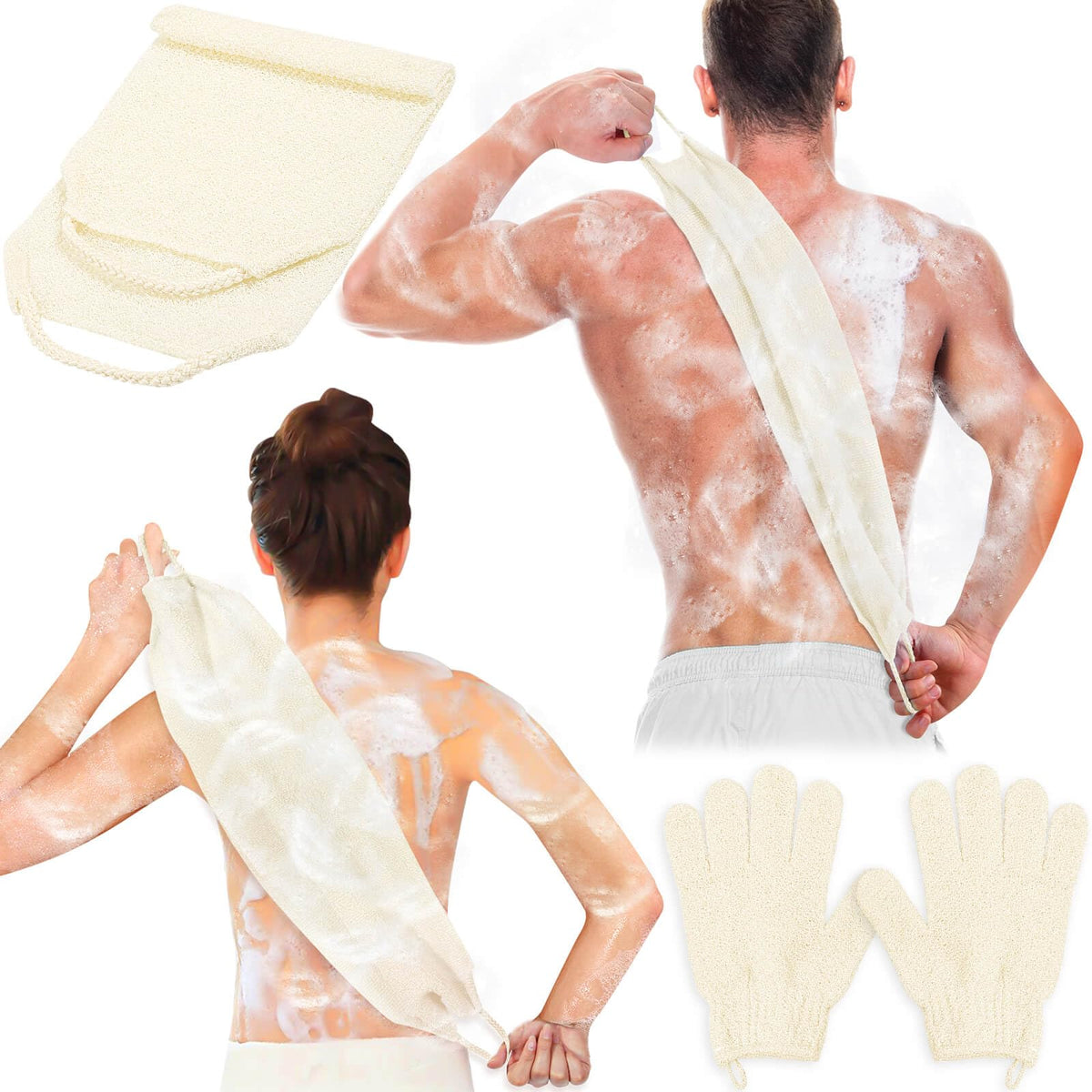 Anezus Exfoliating Back Scrubber Bath Gloves Set, Exfoliating Shower Towel with Shower Gloves for Body Scrub, Back Cleaner Wash Gloves to Remove Dead Skin (Black)