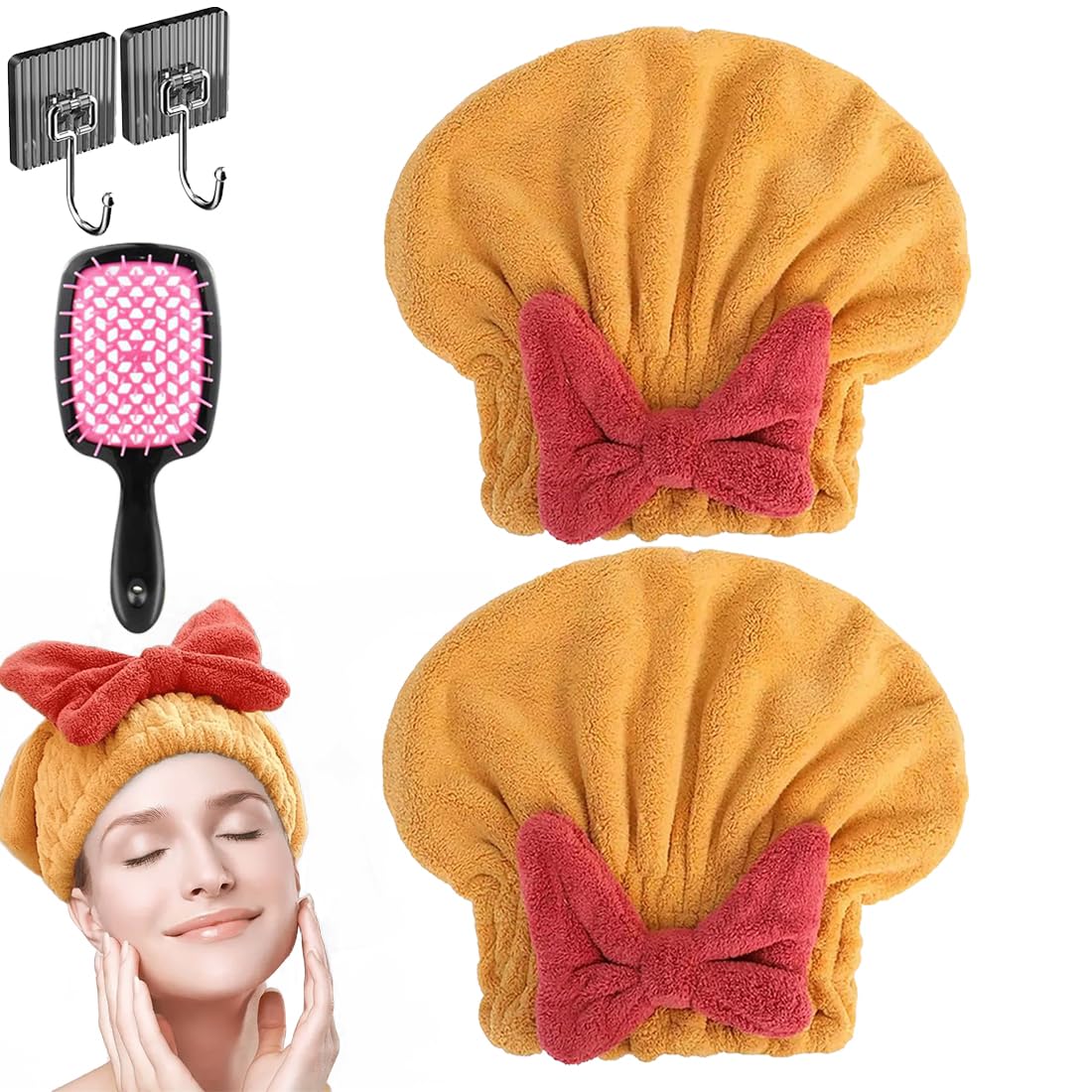 New Super Absorbent Hair Towel Wrap for Wet Hair, Microfiber Super Absorbent Hair Towel Wrap, Soft Absorbent Quick Drying Cap with Bow-Knot, Make Your Hair Smoother and shinier (2Pcs-A)