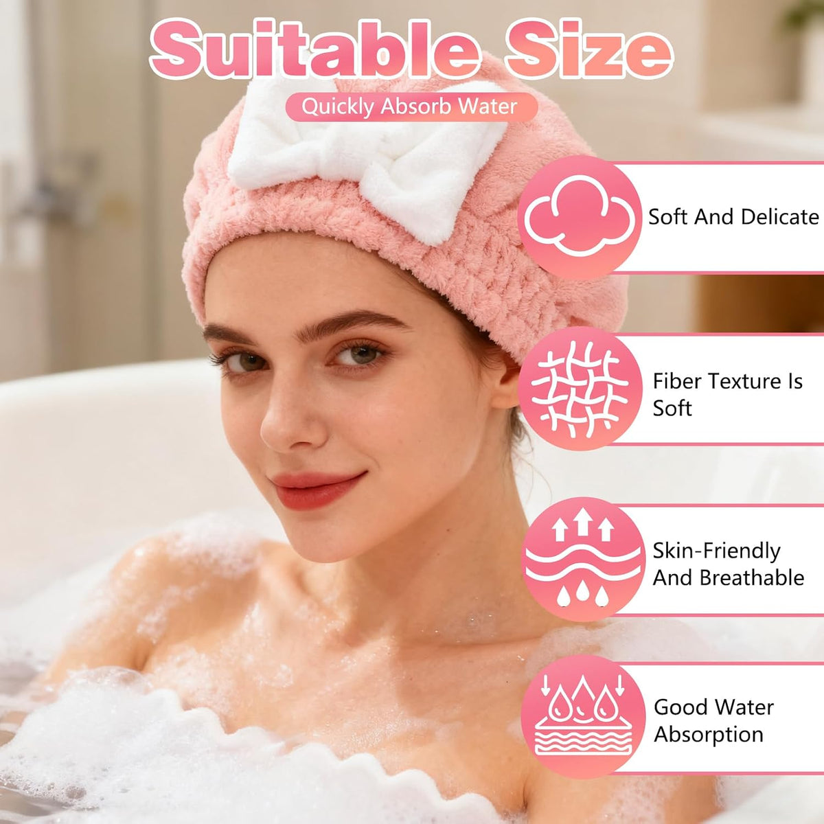 4PCS Super Absorbent Hair Towel Wrap for Wet Hair,Microfiber Hair Drying with Caps Bow Design,2026 New Fast Drying Hair Turban Wrap Towels Shower Cap for Girls and Women(Pink, Blue,Yellow,Red)