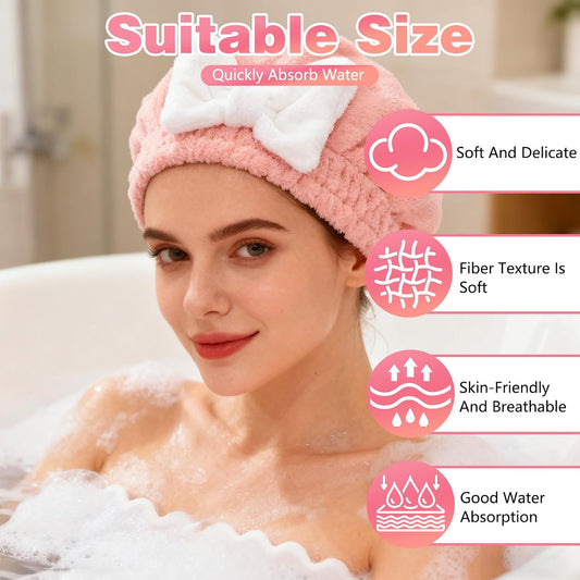 4PCS Super Absorbent Hair Towel Wrap for Wet Hair,Microfiber Hair Drying with Caps Bow Design,2026 New Fast Drying Hair Turban Wrap Towels Shower Cap for Girls and Women(Pink, Blue,Yellow,Red)