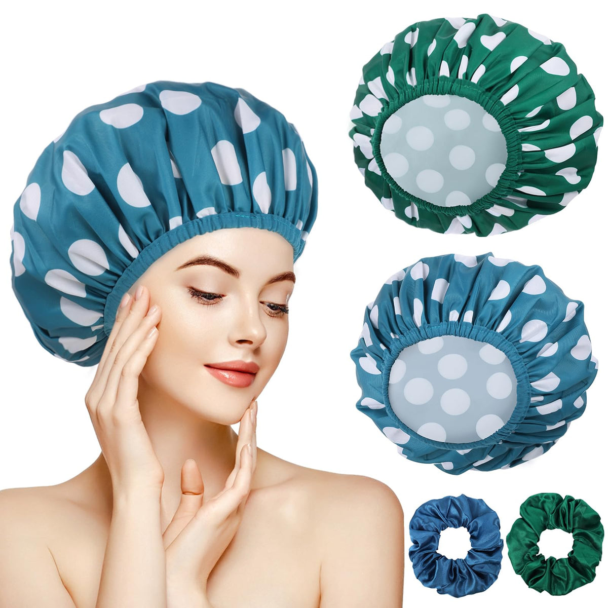 WSICSE 2 Packs Large Shower Caps for Women, Waterproof Shower Cap Double Layers Bath Caps with Hair Scrunchies for Long Thick Hair