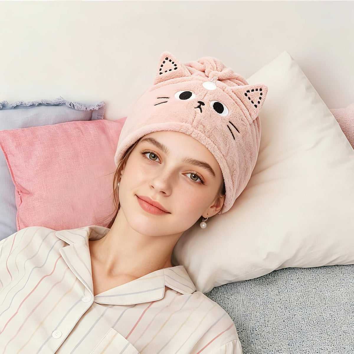 2 Pack Microfiber Hair Towel Wrap for Kids, Cute Cat Hair Drying Towels