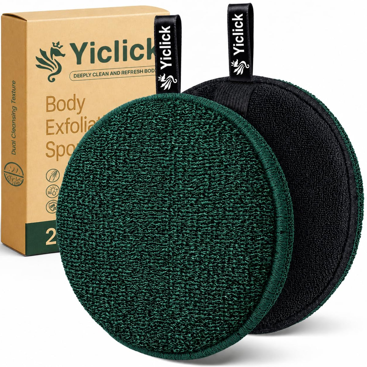 Yiclick Exfoliating Body Scrubber (2 Pack), Body Exfoliator Scrubber, Exfoliating Sponge for Shower Bath, Shower Loofah Luffa Lufa with Handle, Dead Skin Exfoliator for Body Scrub, Men Women