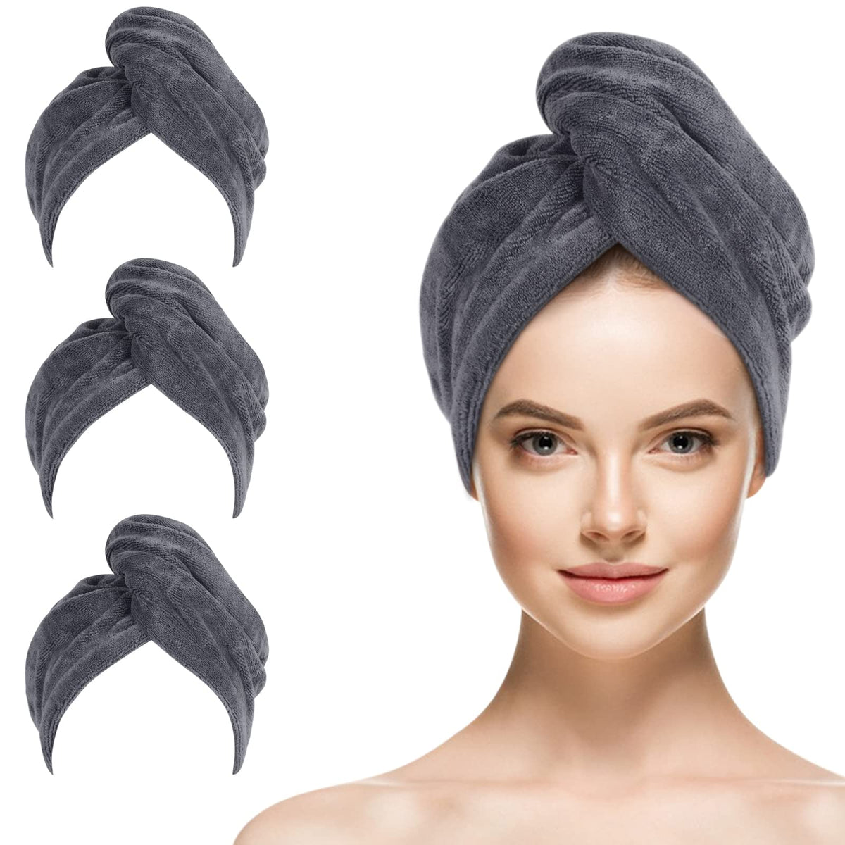 SINLAND Hair Drying Cap Hair Towel for Women 3 Pack Black
