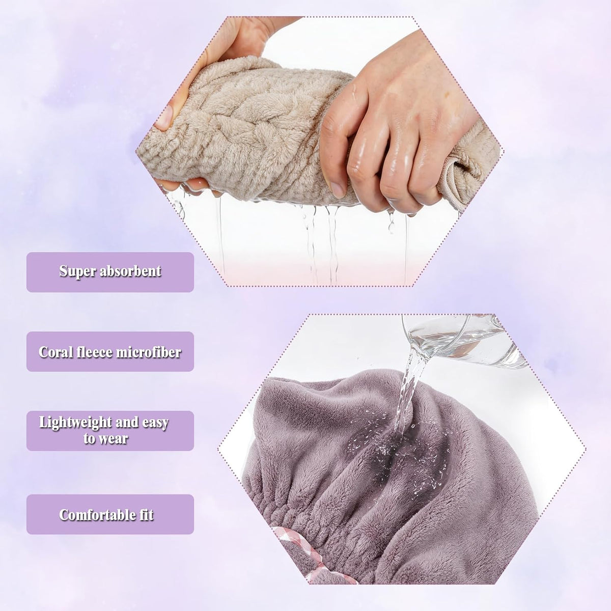 Hair Towels, 2 Pack, Purple and Khaki, 9.8 x 11.8 Inch