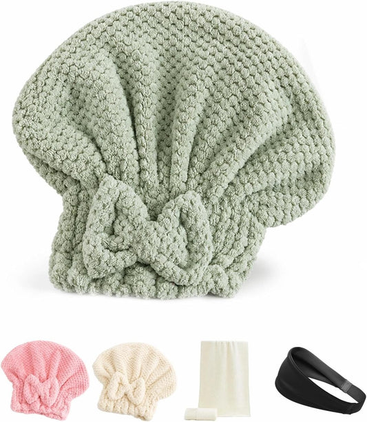 Hair Towel Set - Hair Drying Cap - Bamboo Towel - Headband