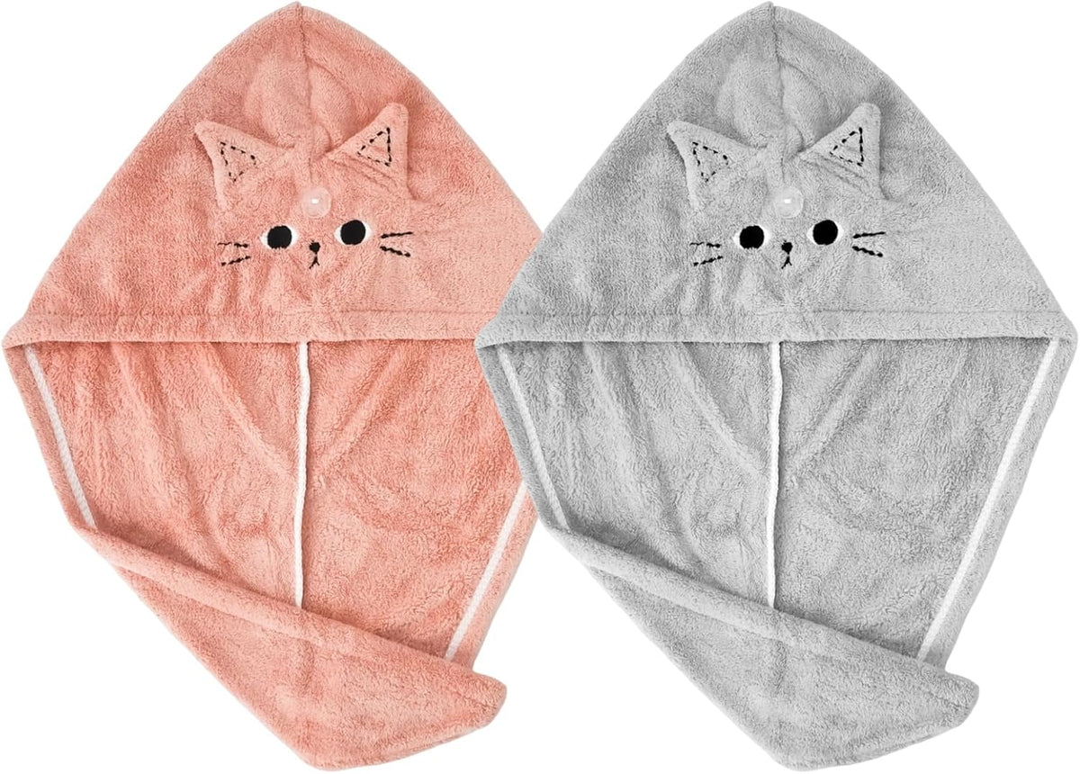 2 Pack Microfiber Hair Towel Wrap for Kids, Cute Cat Hair Drying Towels