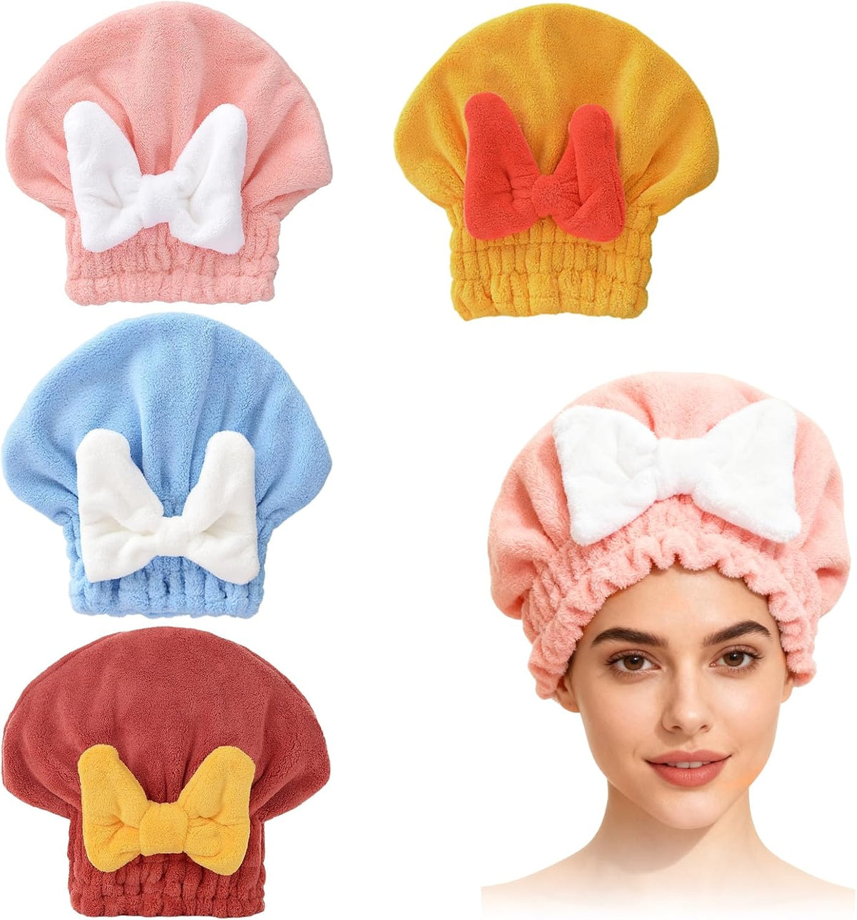 4PCS Super Absorbent Hair Towel Wrap for Wet Hair,Microfiber Hair Drying with Caps Bow Design,2026 New Fast Drying Hair Turban Wrap Towels Shower Cap for Girls and Women(Pink, Blue,Yellow,Red)