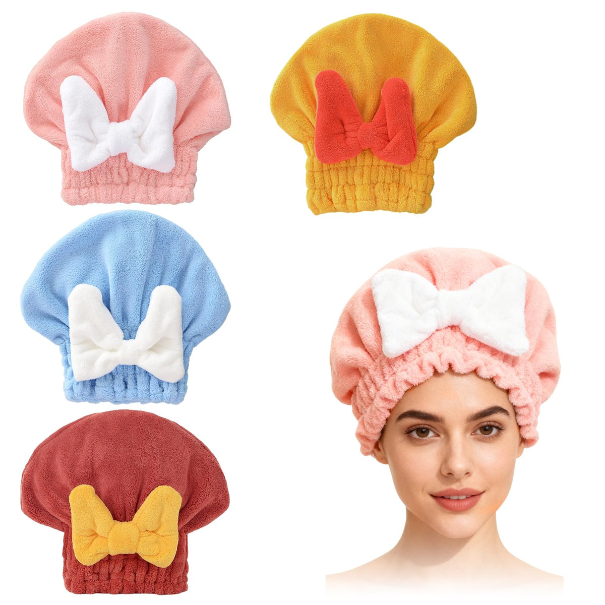 4PCS Super Absorbent Hair Towel Wrap for Wet Hair,Microfiber Hair Drying with Caps Bow Design,2026 New Fast Drying Hair Turban Wrap Towels Shower Cap for Girls and Women(Pink, Blue,Yellow,Red)