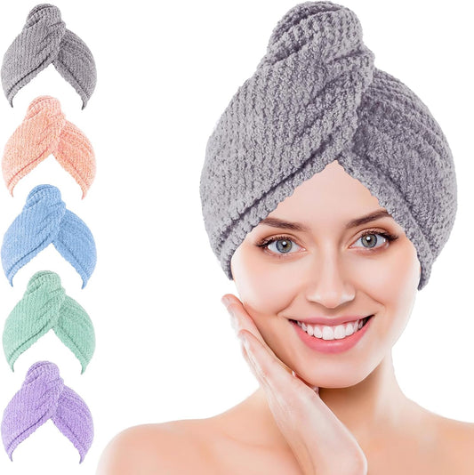 Soft Microfiber Hair Drying Towel Wrap, 5 Pack Elastic Hair
