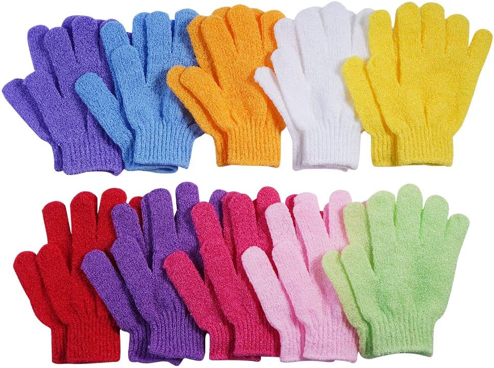 10 Pairs Exfoliating Gloves, 100% Nylon Double Sided 10 Colors