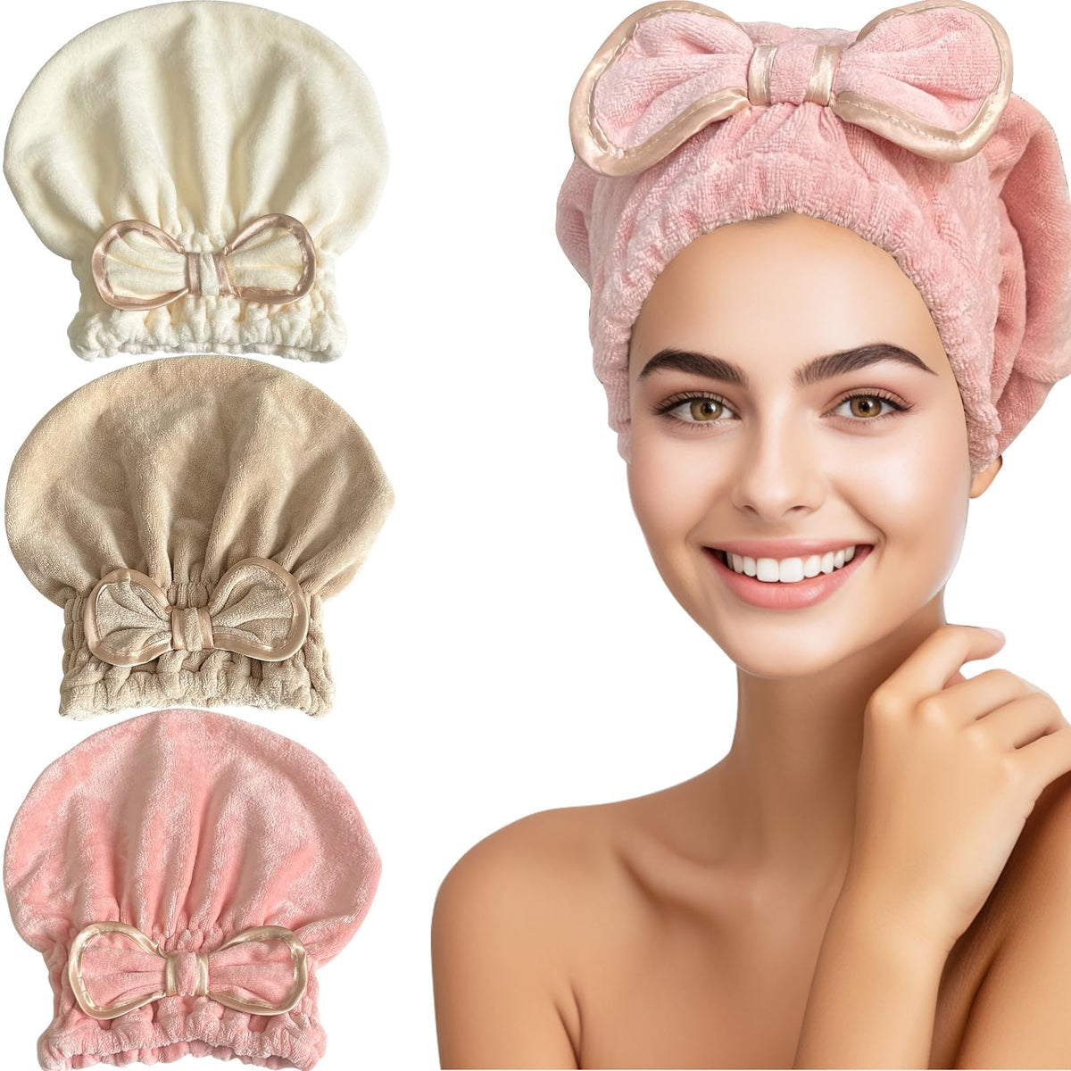 Jseng Microfiber Hair Towel Caps for Women with Cute Bowtie, 2Packs Fast Drying Hair Towel Caps for Curly Long Wet Hair Anti Frizz