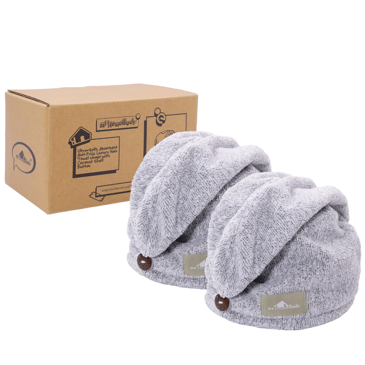 myHomeBody Hair Towel Wrap, Quick Drying Turban, Absorbent Cap – Gray