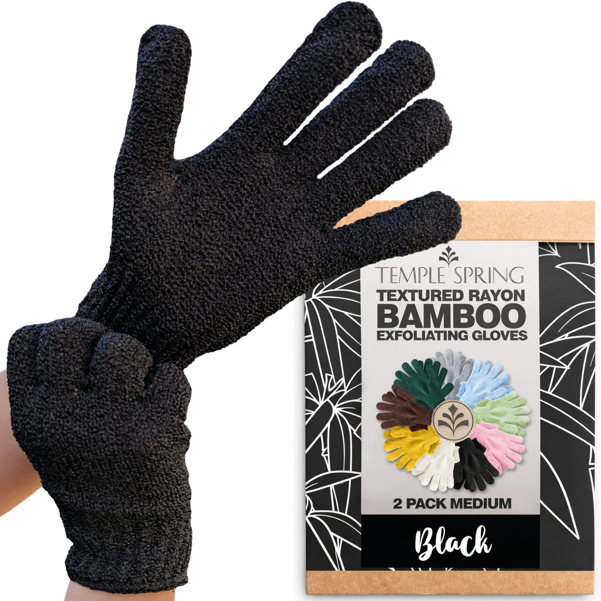 Temple Spring Shower Gloves Exfoliating for Women – Natural Textured Rayon Bamboo Exfoliating Glove with Thicker Weave for Deep Cleansing, Dead Skin Removal & Smooth Radiant Skin (1 Pair, Gray)