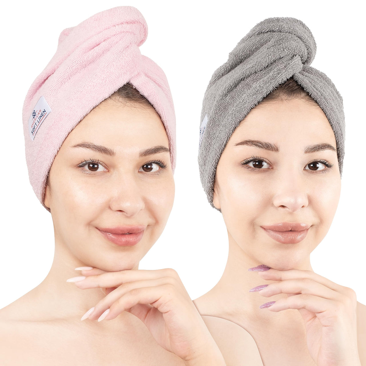 American Soft Linen 100% Cotton Hair Towels for Women, Head Towel Cap, Cotton Hair Turban Towel Wrap for Long Curly Anti Frizz Hair, Soft and Absorbent Cotton Hair Towels 2 Pack, White