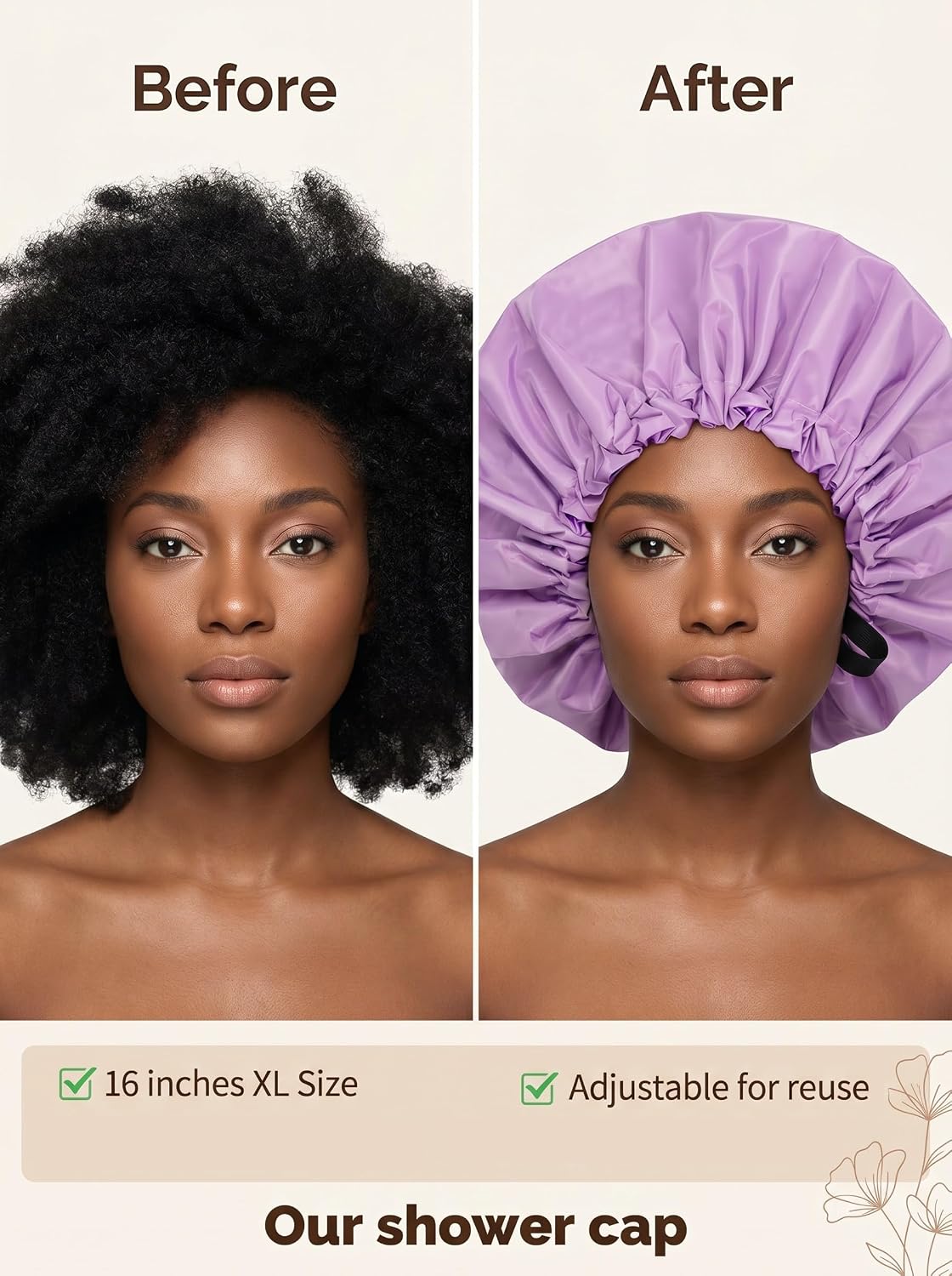 Aquior Shower Cap,Extra Adjustable Shower Caps for Women Double-Layer Waterproof Reusable Hair Cap, Large Size Hair Cap for All Hair,for Girls Spa Bath,Soft and Comfortable (Purple)