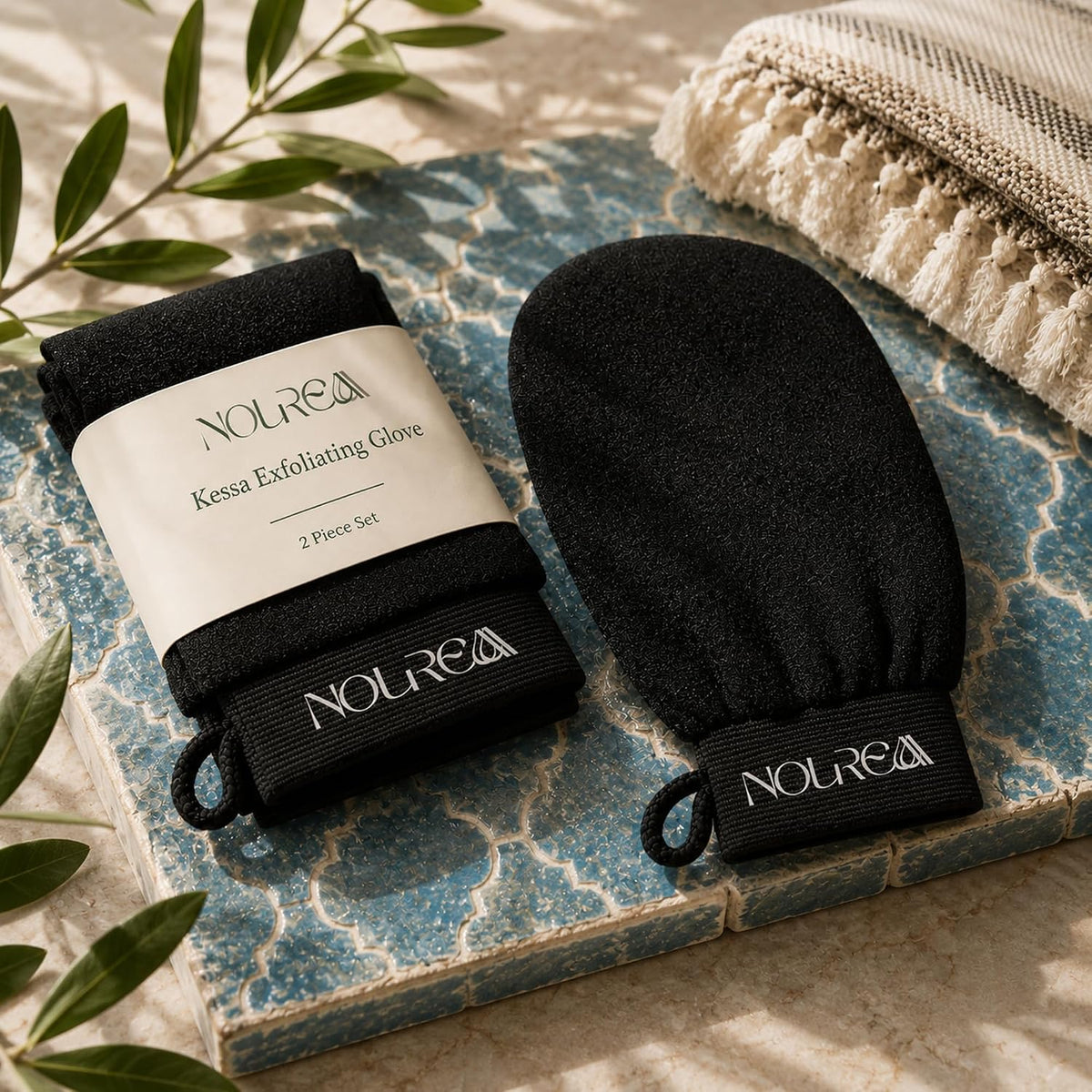 Kessa Exfoliating Glove (2-Pack) – Moroccan Hammam Inspired Body Exfoliating Mitt, Textured Viscose Glove for Dead Skin Removal