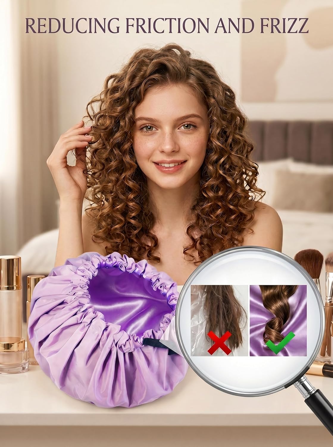 Aquior Shower Cap,Extra Adjustable Shower Caps for Women Double-Layer Waterproof Reusable Hair Cap, Large Size Hair Cap for All Hair,for Girls Spa Bath,Soft and Comfortable (Purple)