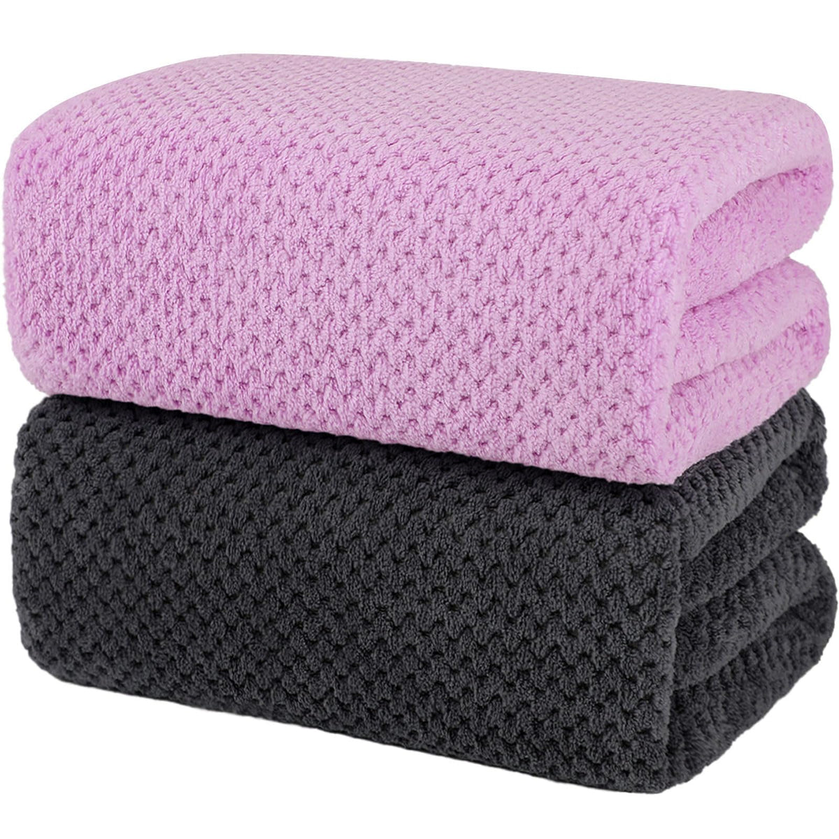 2 Pack Bath Towel Set, Waffle Bath Towel Set, Super Soft Highly Absorbent, Sturdy Quick Drying Towels for Bathroom, Gym, SPA, Yoga (2 Piece 27" x 55", 1Grey+1Purple)