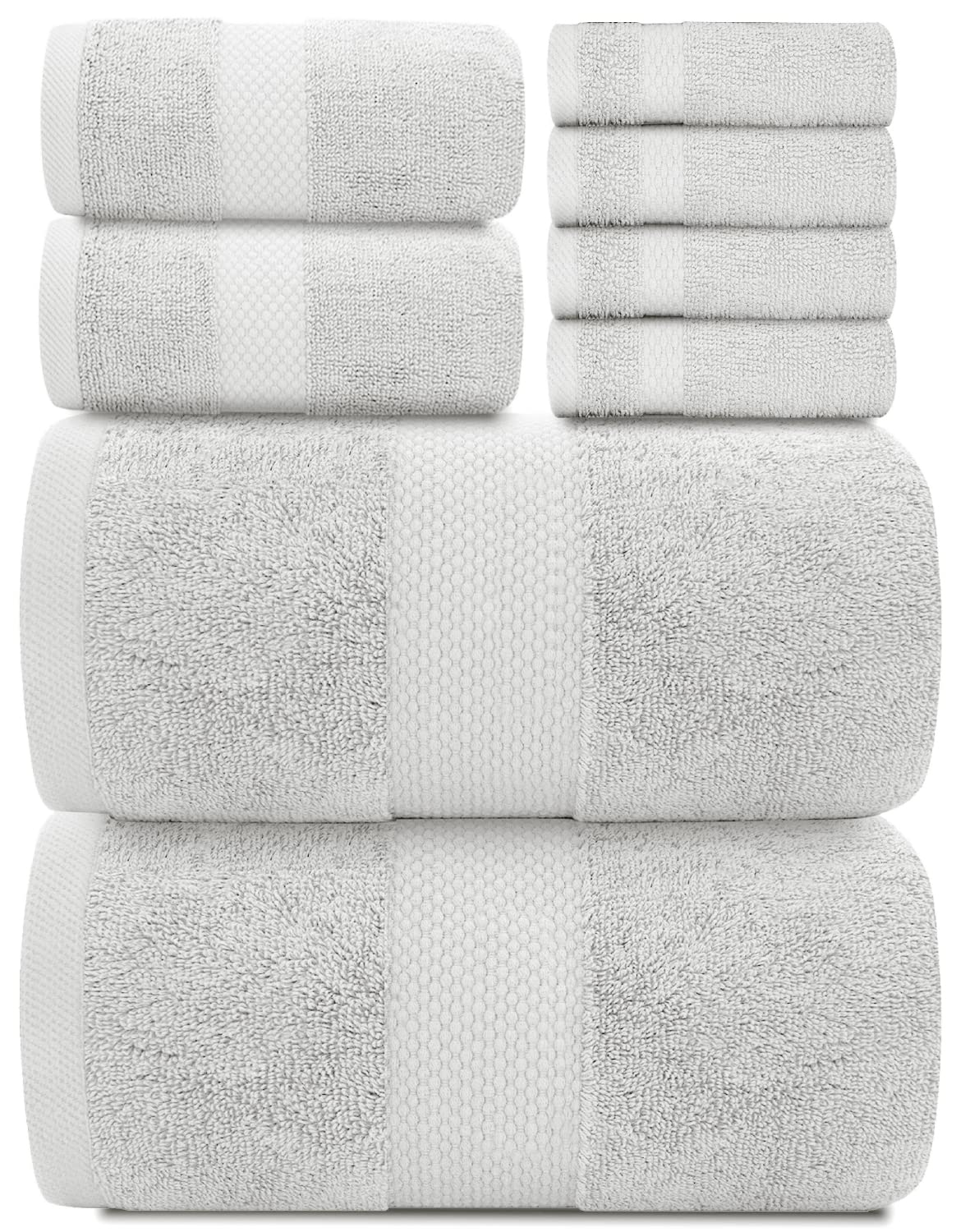White Classic Luxury Light Blue Bath Towel Set of 8-100% Turkish Cotton