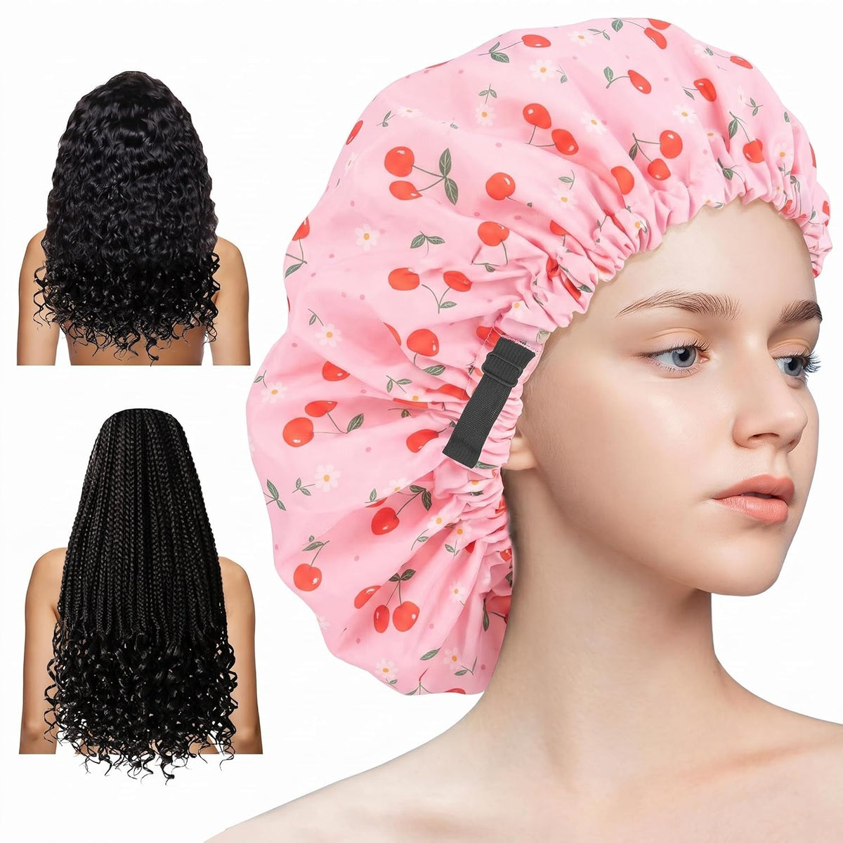 Aquior Shower Cap for Women, Extra Adjustable Shower Caps for Women Double-Layer Waterproof Reusable Hair Cap, Large Size Hair Cap for All Hair,for Girls Men Spa Bath,Soft and Comfortable (Cherry)