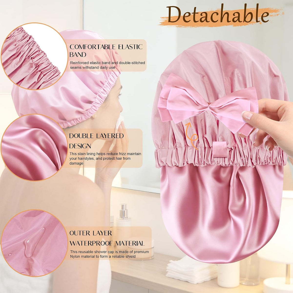 Shower Cap for Women, Large Waterproof Reusable Hair Cap with Bow