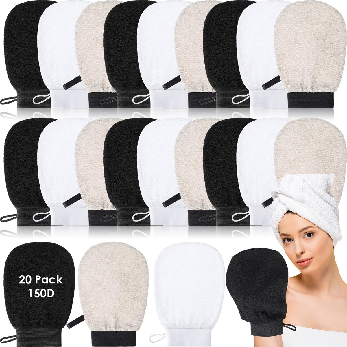 FoldTier 20 Pcs Exfoliating Glove Bulk Summer Exfoliator Mitt Body Scrubber 150d Viscose Fiber Skin Korean Scrub Mitt for Spa Massage Dead Skin Remover for Men and Women(20 Pcs,Black)