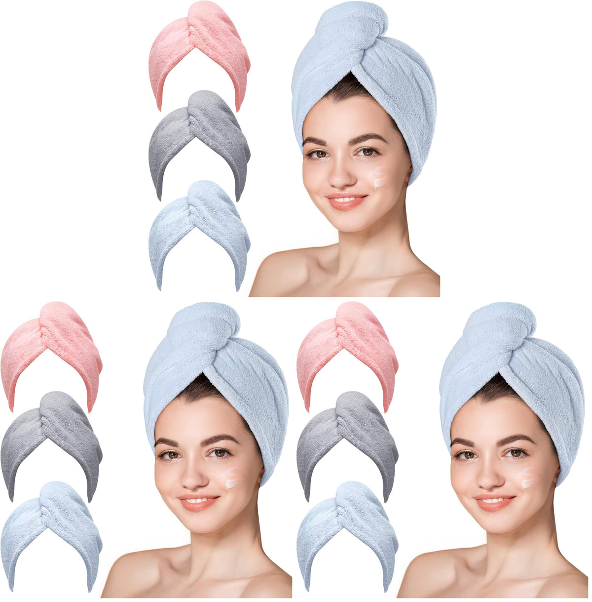 Hicober Microfiber Hair Towel Wrap for Women, Blue Grey Pink, 3-Pack